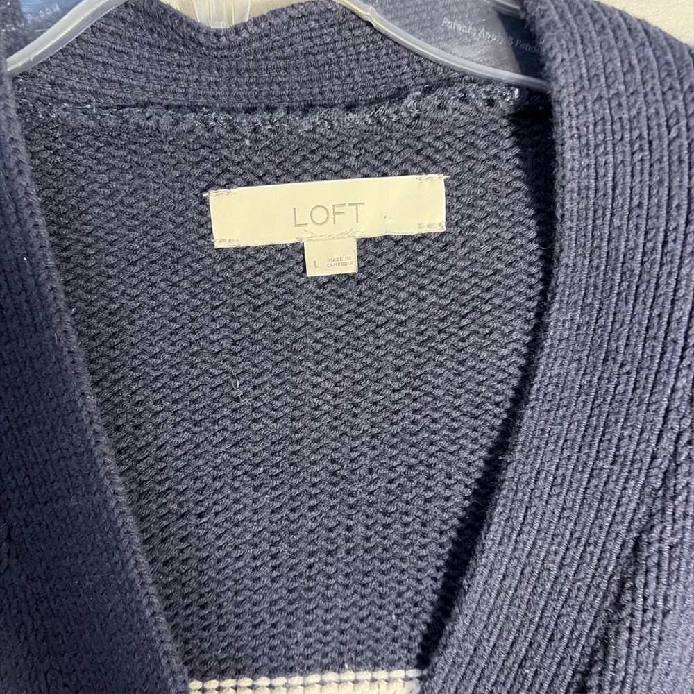 Women's Navy & White Striped Cotton Blend Cardigan Chunky Fisherman Large - Picture 3 of 9